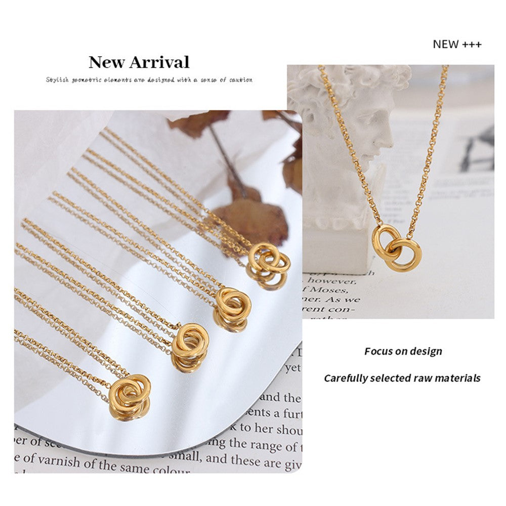 Luxury Interlocking Circles Pendant Necklace Titanium Steel Gold Plated Fashion Versatile 40+5cm Chain