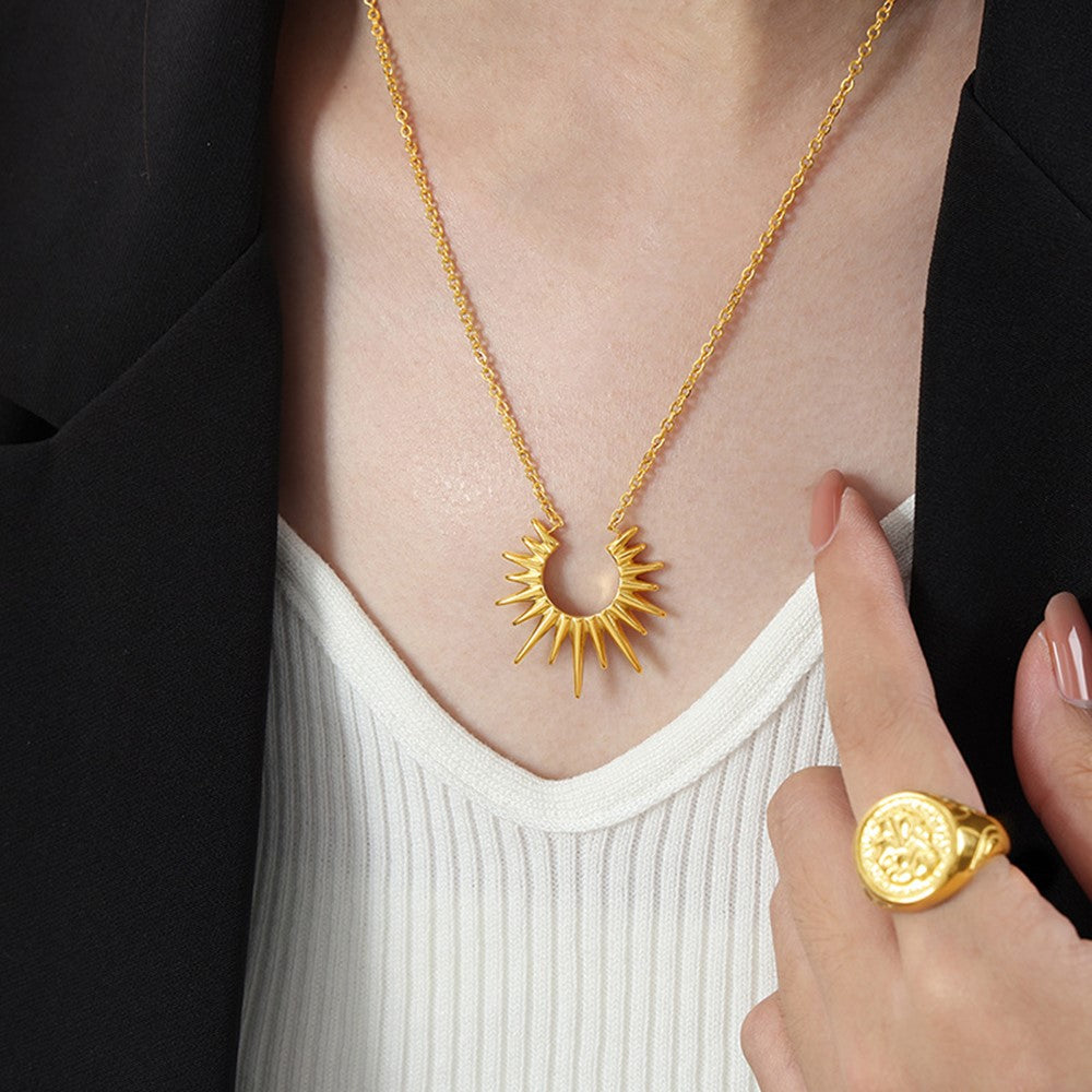 Geometric Sunburst Titanium Steel Gold Plated Necklace Fashion Versatile Unique European Style