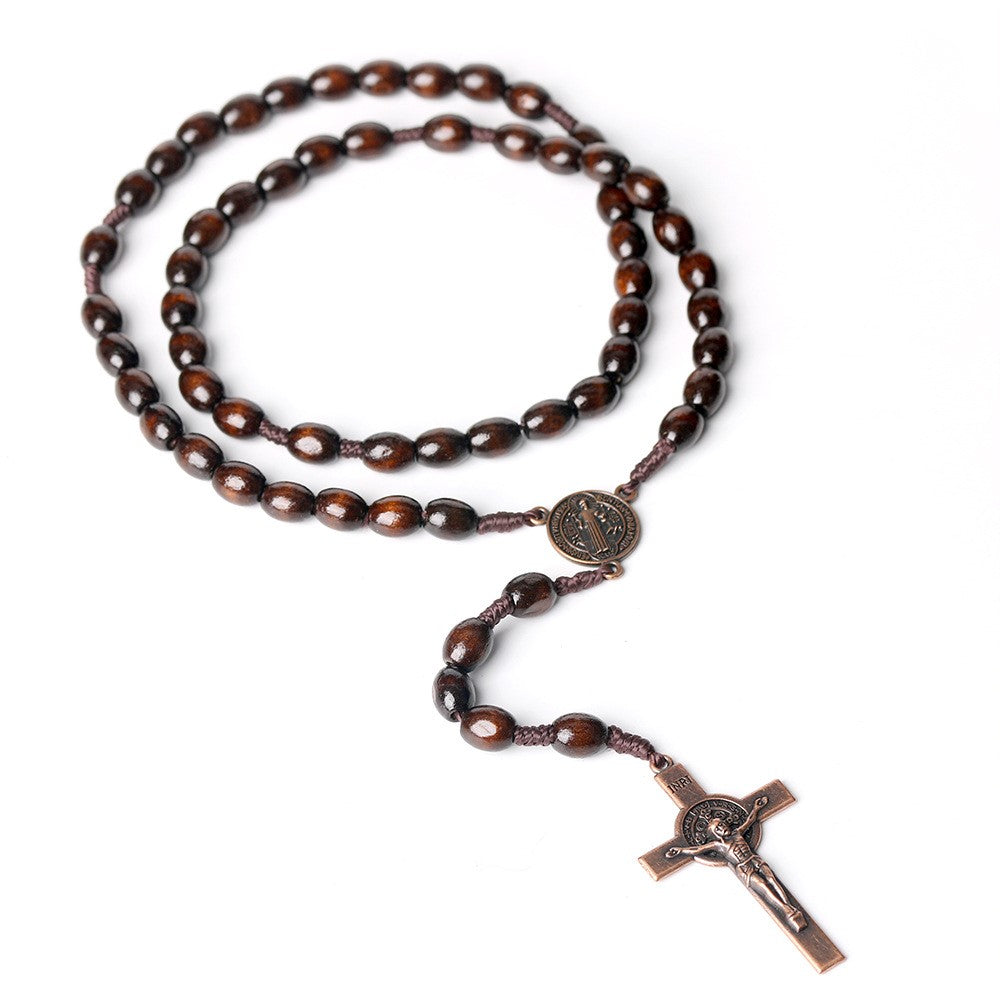 Cross Pendant Necklace with 59 Wooden Beads Religious Rosary Jewelry for Prayer Meditation
