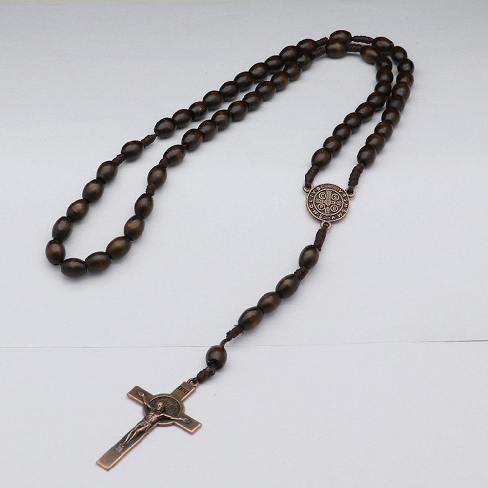 Cross Pendant Necklace with 59 Wooden Beads Religious Rosary Jewelry for Prayer Meditation