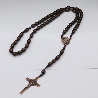 Cross Pendant Necklace with 59 Wooden Beads Religious Rosary Jewelry for Prayer Meditation