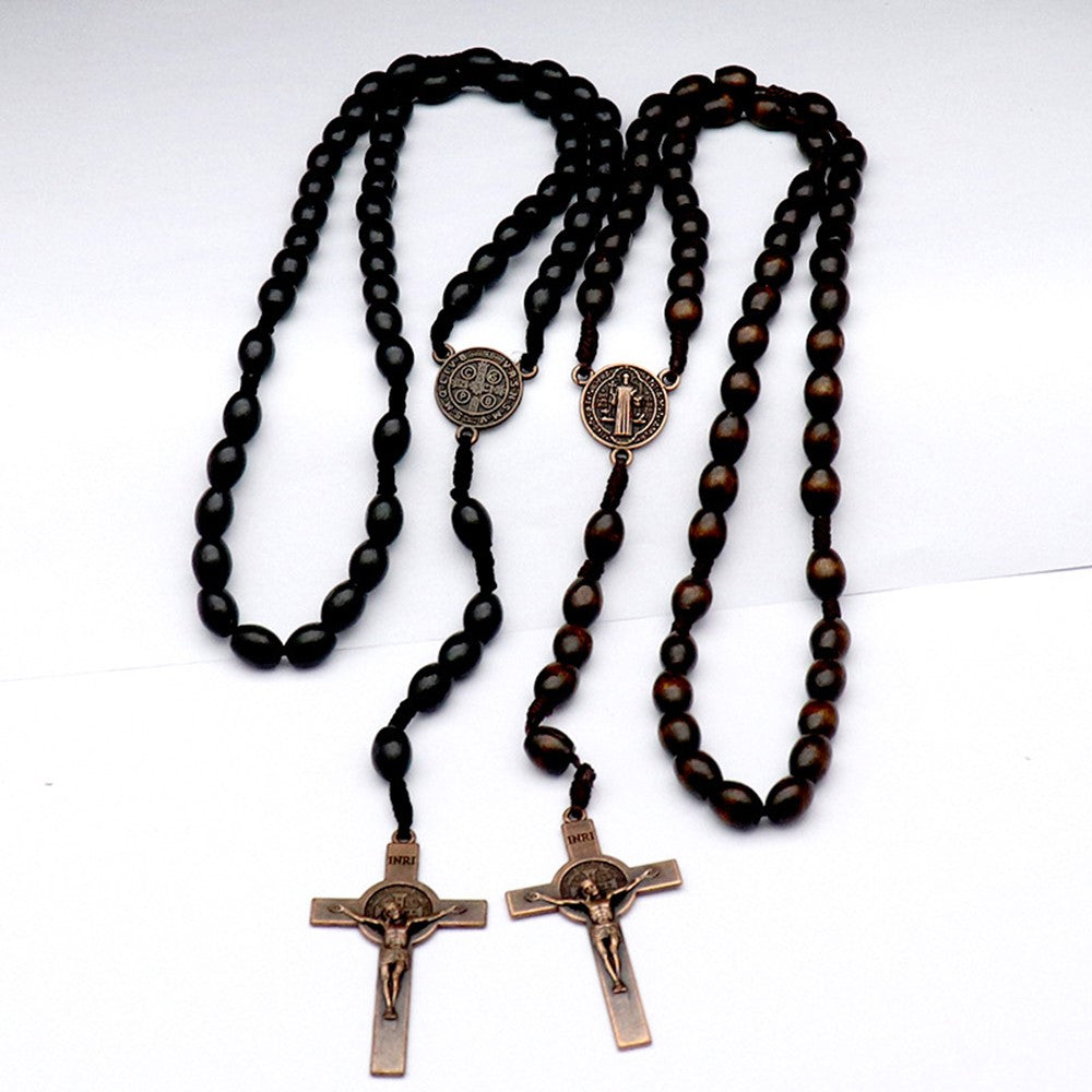 Cross Pendant Necklace with 59 Wooden Beads Religious Rosary Jewelry for Prayer Meditation