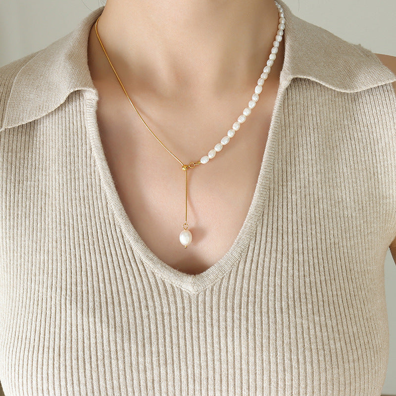 Luxury Titanium Steel Gold Plated Snake Chain Adjustable Freshwater Pearl Necklace Geometric Design Jewelry Gift