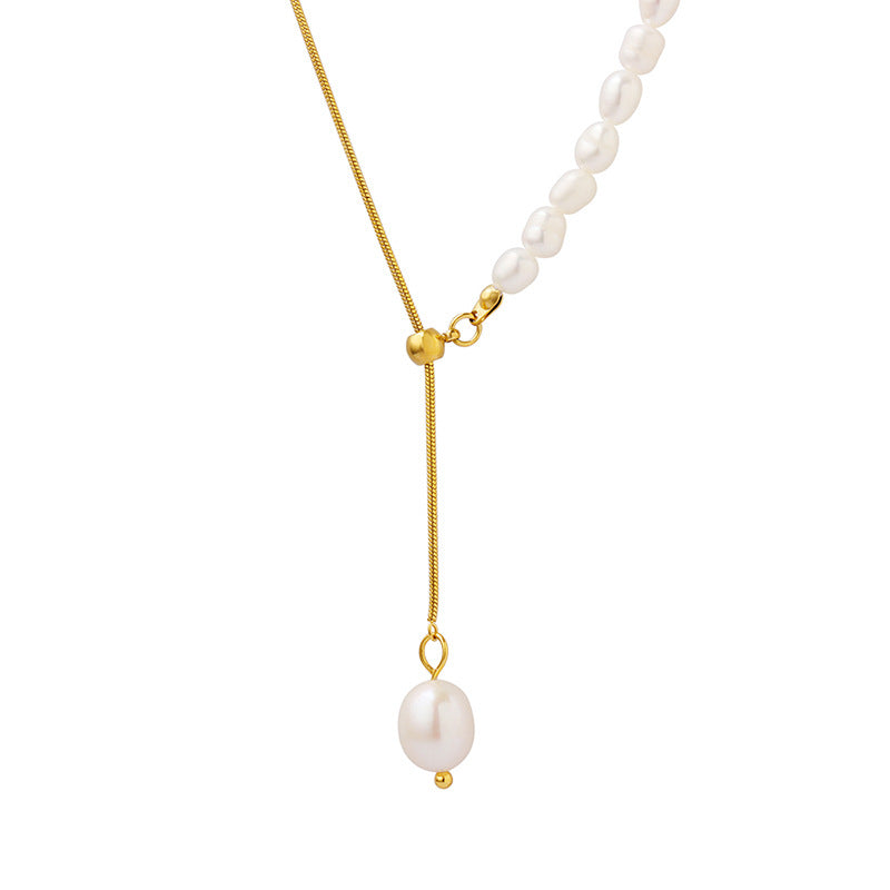 Luxury Titanium Steel Gold Plated Snake Chain Adjustable Freshwater Pearl Necklace Geometric Design Jewelry Gift