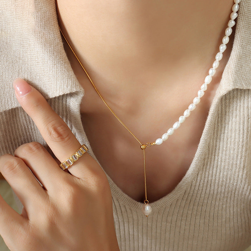 Luxury Titanium Steel Gold Plated Snake Chain Adjustable Freshwater Pearl Necklace Geometric Design Jewelry Gift