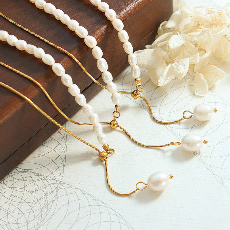 Luxury Titanium Steel Gold Plated Snake Chain Adjustable Freshwater Pearl Necklace Geometric Design Jewelry Gift