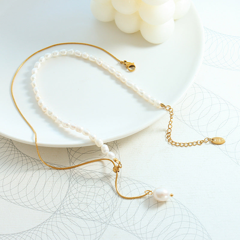 Luxury Titanium Steel Gold Plated Snake Chain Adjustable Freshwater Pearl Necklace Geometric Design Jewelry Gift