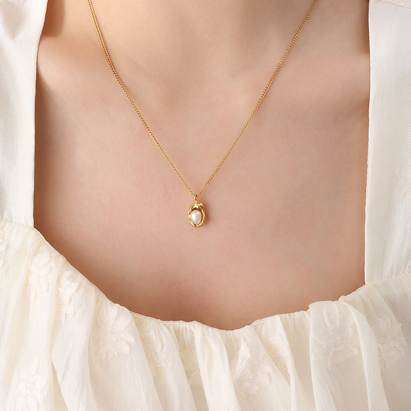 Titanium Steel Gold Plated Cuban Chain Adjustable Natural Freshwater Pearl Geometric Pendant Necklace for Women
