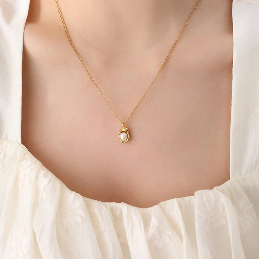 Titanium Steel Gold Plated Cuban Chain Adjustable Natural Freshwater Pearl Geometric Pendant Necklace for Women