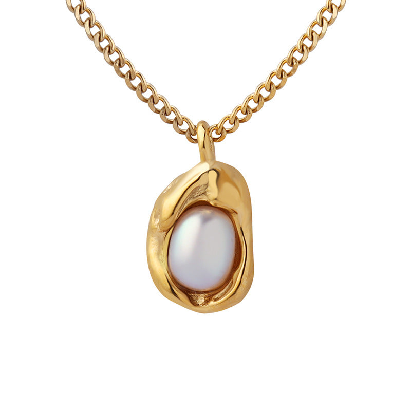 Titanium Steel Gold Plated Cuban Chain Adjustable Natural Freshwater Pearl Geometric Pendant Necklace for Women