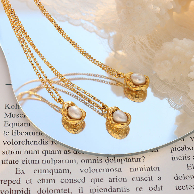 Titanium Steel Gold Plated Cuban Chain Adjustable Natural Freshwater Pearl Geometric Pendant Necklace for Women