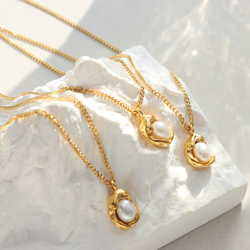 Titanium Steel Gold Plated Cuban Chain Adjustable Natural Freshwater Pearl Geometric Pendant Necklace for Women