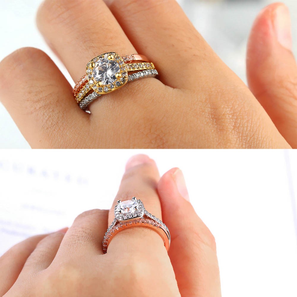 JZX12 2Pcs Women Rings Set Electroplated Cubic Zirconia Stackable Rings Girls Wedding Rings