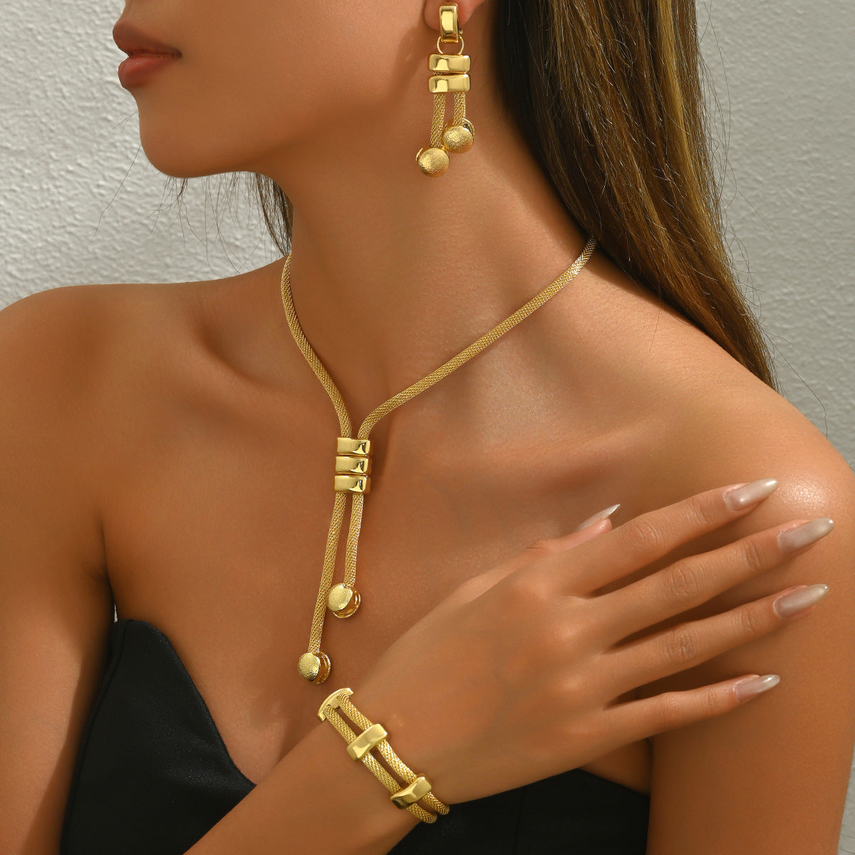 BASHA Women Jewelry Set Necklace Earrings Bracelet 3 Piece Geometric Design Fashion Accessories European Style Tassel