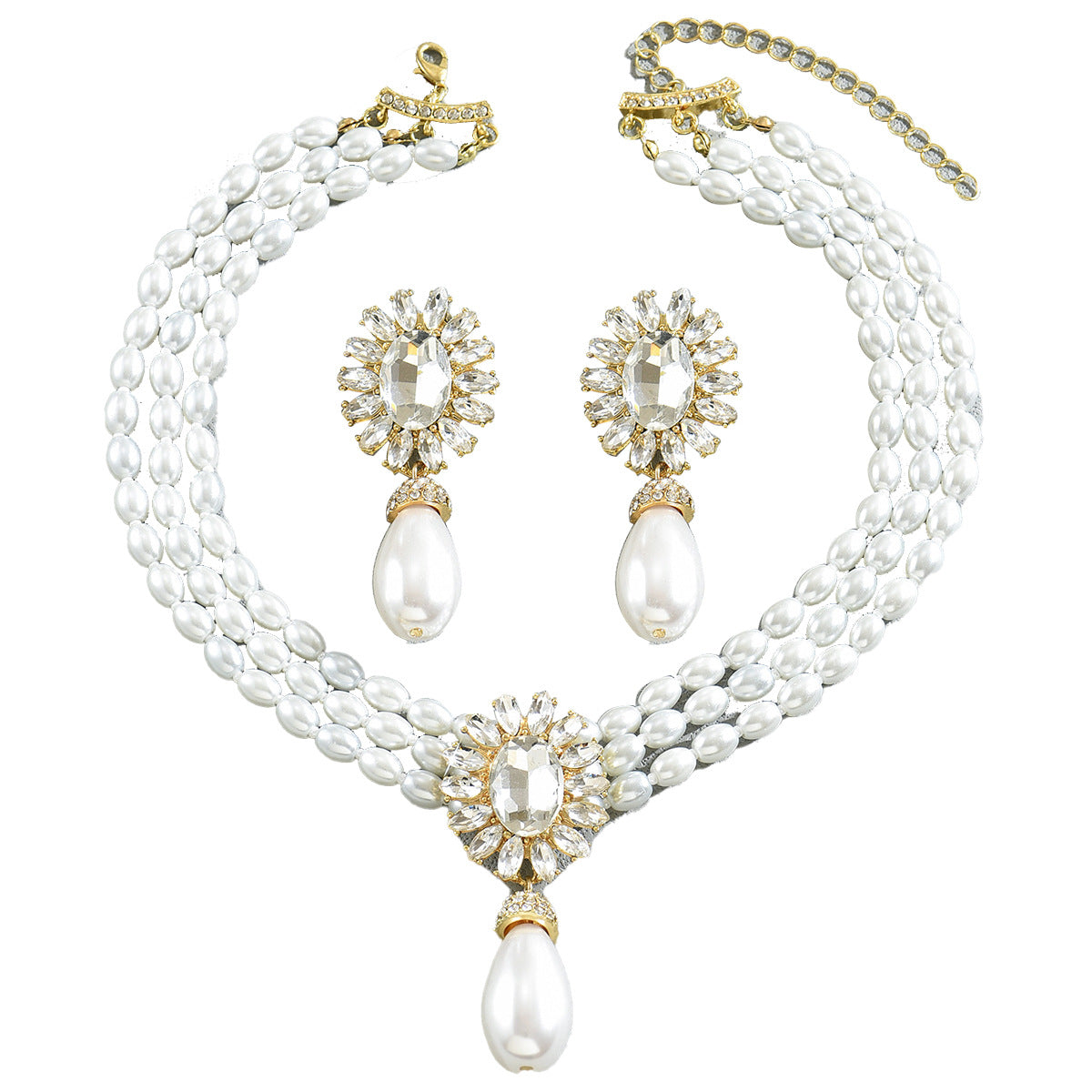 Women Pearl Necklace Earrings Set Geometric Multilayer Choker Crystal Inlaid Alloy Jewelry