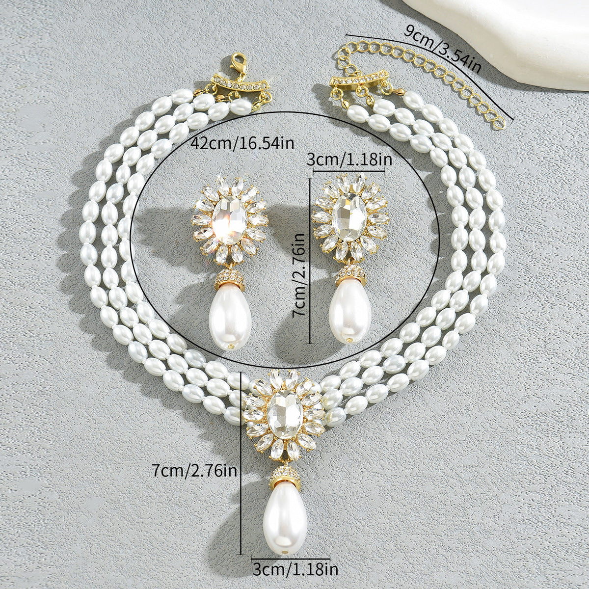 Women Pearl Necklace Earrings Set Geometric Multilayer Choker Crystal Inlaid Alloy Jewelry