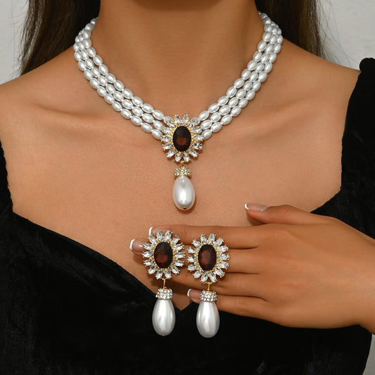 Women Pearl Necklace Earrings Set Geometric Multilayer Choker Crystal Inlaid Alloy Jewelry