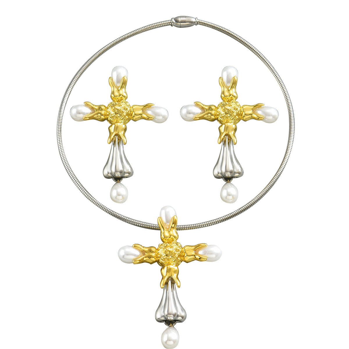 BASHA XL5584 Women's Pearl Cross Necklace Earrings Set Copper Alloy Fashion OL Jewelry Kit