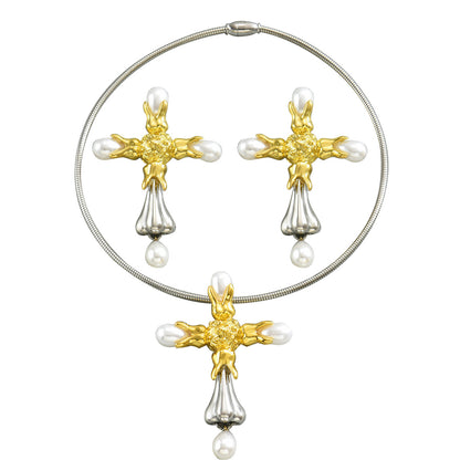 BASHA XL5584 Women's Pearl Cross Necklace Earrings Set Copper Alloy Fashion OL Jewelry Kit