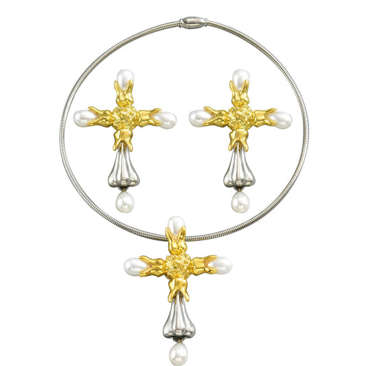 BASHA XL5584 Women's Pearl Cross Necklace Earrings Set Copper Alloy Fashion OL Jewelry Kit