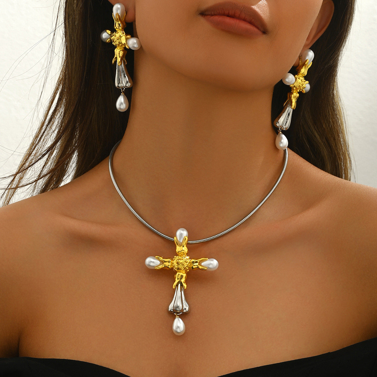 BASHA XL5584 Women's Pearl Cross Necklace Earrings Set Copper Alloy Fashion OL Jewelry Kit