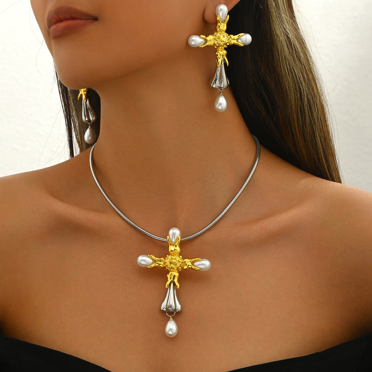 BASHA XL5584 Women's Pearl Cross Necklace Earrings Set Copper Alloy Fashion OL Jewelry Kit