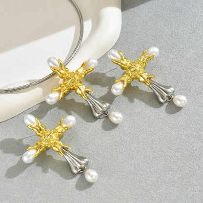BASHA XL5584 Women's Pearl Cross Necklace Earrings Set Copper Alloy Fashion OL Jewelry Kit