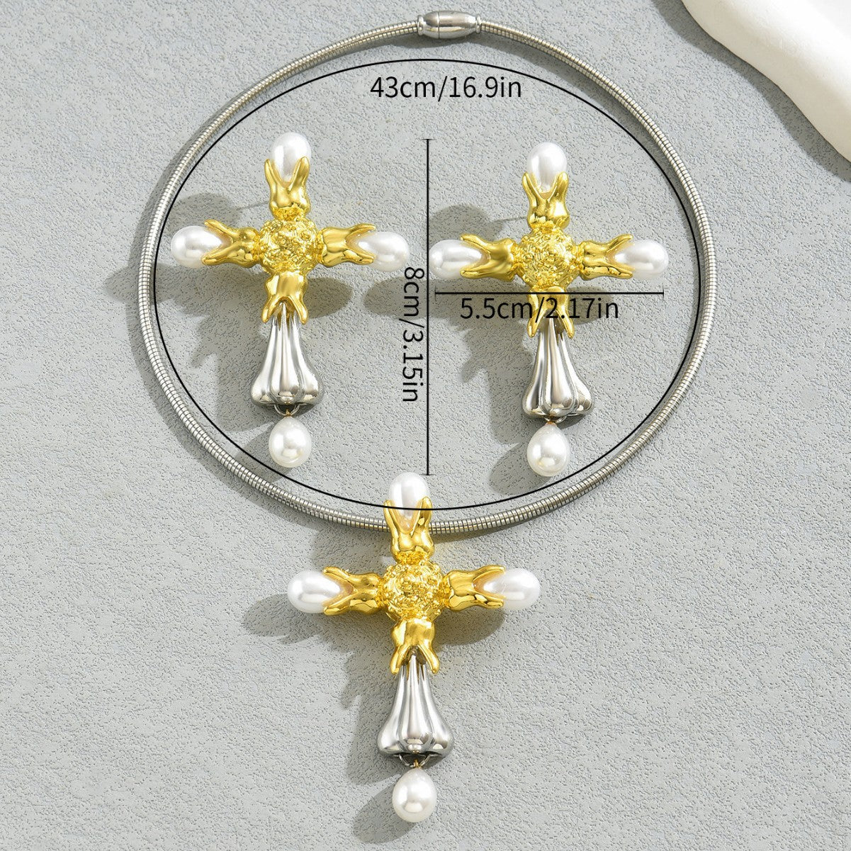 BASHA XL5584 Women's Pearl Cross Necklace Earrings Set Copper Alloy Fashion OL Jewelry Kit