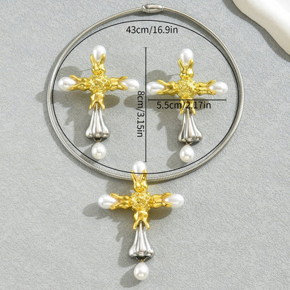 BASHA XL5584 Women's Pearl Cross Necklace Earrings Set Copper Alloy Fashion OL Jewelry Kit