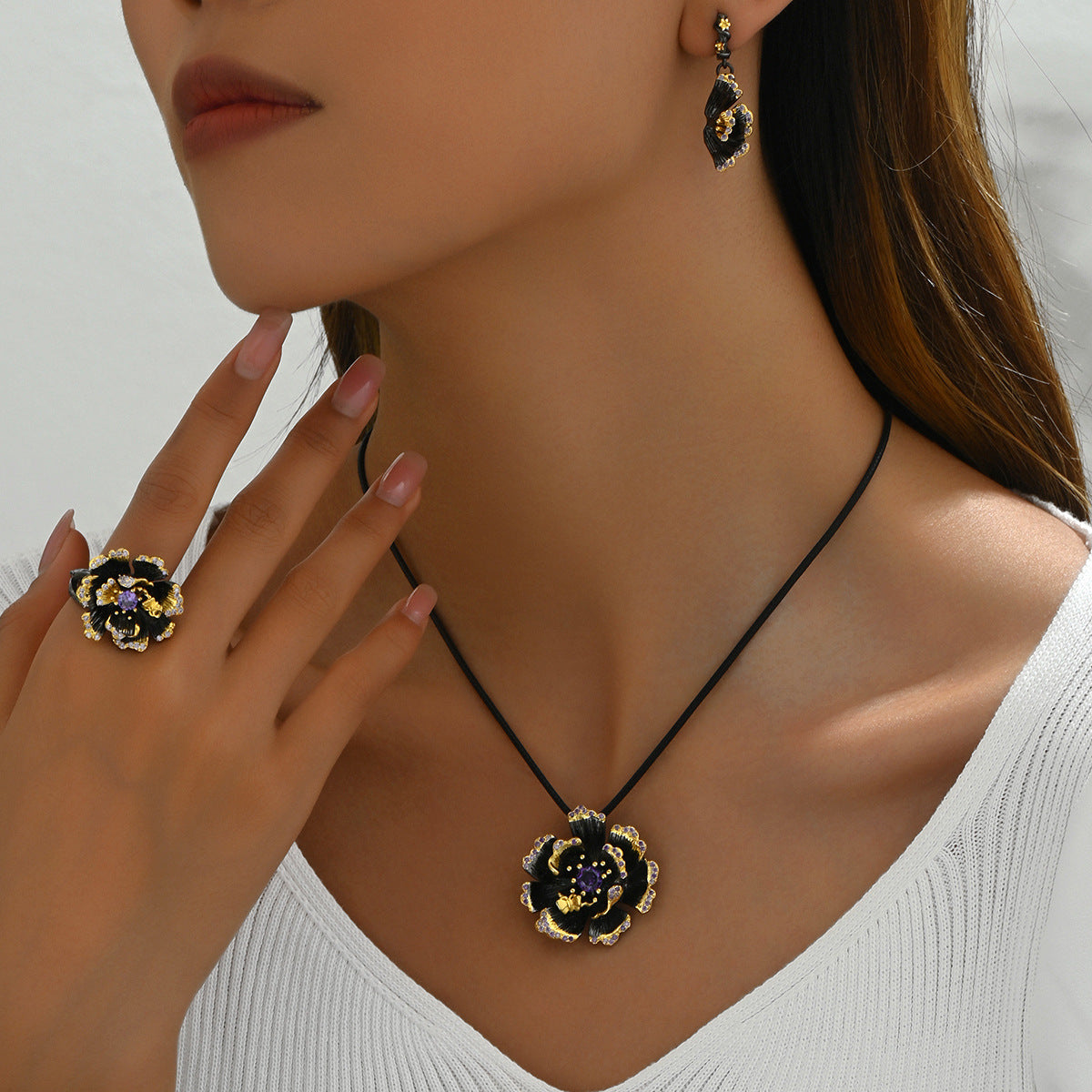 BASHA XL5398 Women Vintage Sunflower Diamond Jewelry Set Necklace Earrings Ring Retro Kit