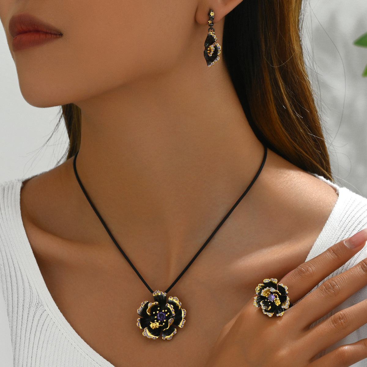 BASHA XL5398 Women Vintage Sunflower Diamond Jewelry Set Necklace Earrings Ring Retro Kit