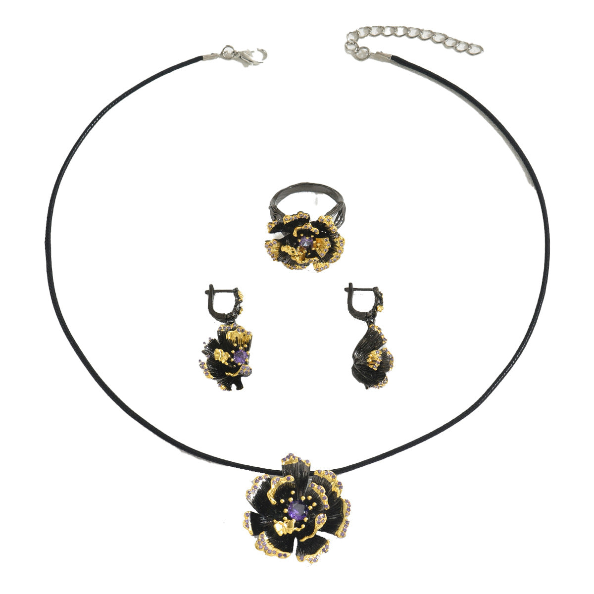 BASHA XL5398 Women Vintage Sunflower Diamond Jewelry Set Necklace Earrings Ring Retro Kit