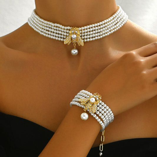 Pearl Bee Pendant Necklace Bracelet Set Multilayer Beaded Chain Jewelry Combination for Women