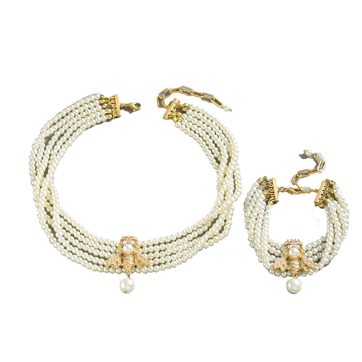 Pearl Bee Pendant Necklace Bracelet Set Multilayer Beaded Chain Jewelry Combination for Women