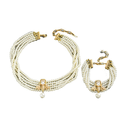 Pearl Bee Pendant Necklace Bracelet Set Multilayer Beaded Chain Jewelry Combination for Women