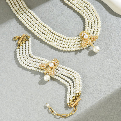 Pearl Bee Pendant Necklace Bracelet Set Multilayer Beaded Chain Jewelry Combination for Women