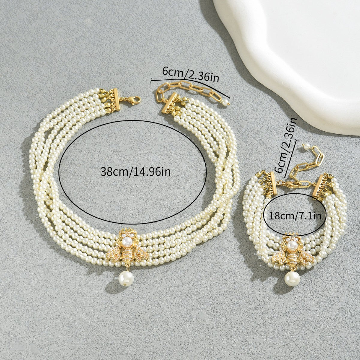 Pearl Bee Pendant Necklace Bracelet Set Multilayer Beaded Chain Jewelry Combination for Women