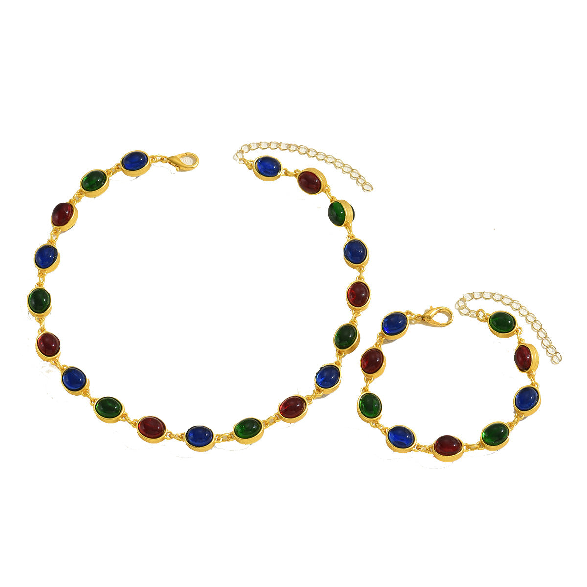 Women Jewelry Set Alloy Gemstone Necklace Bracelet European Court Style Collarbone Chain