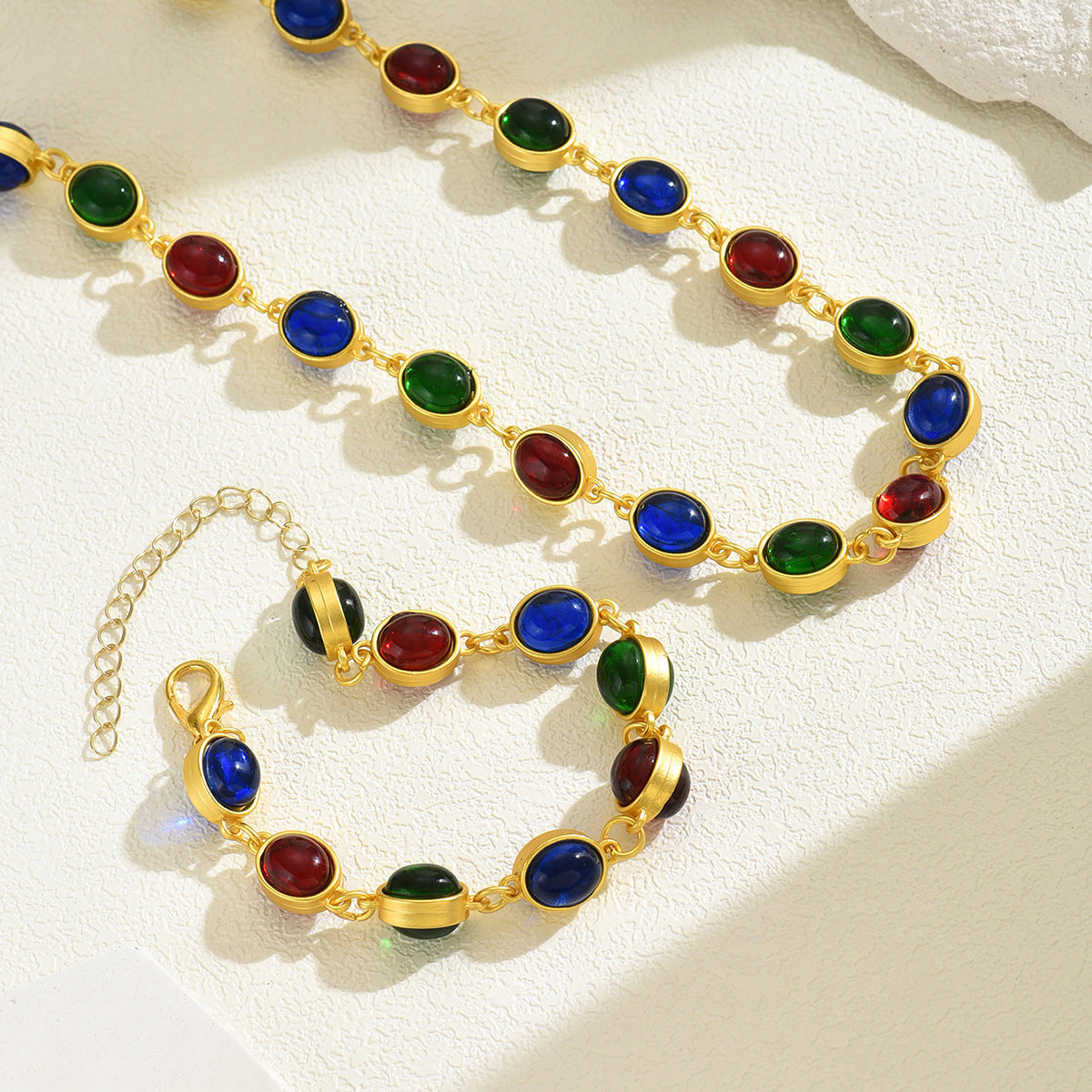 Women Jewelry Set Alloy Gemstone Necklace Bracelet European Court Style Collarbone Chain
