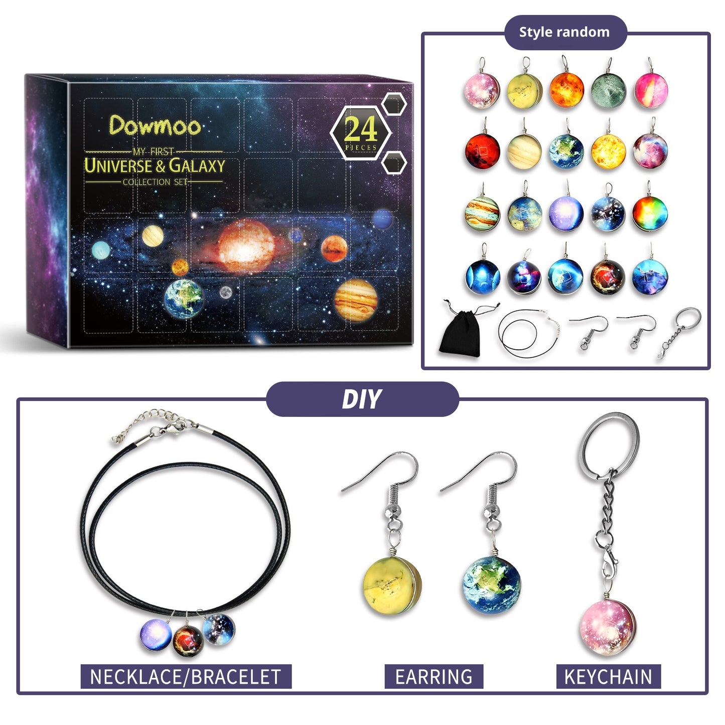 DOWMOO 24PCS DIY Universe Galaxy Pendant Jewelry Set Calendar Gift Box Necklace Bracelet Earrings Accessories