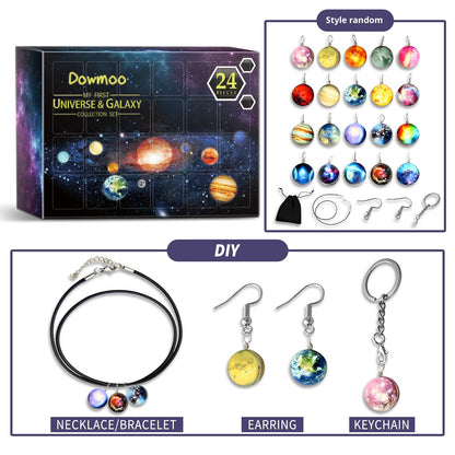 DOWMOO 24PCS DIY Universe Galaxy Pendant Jewelry Set Calendar Gift Box Necklace Bracelet Earrings Accessories