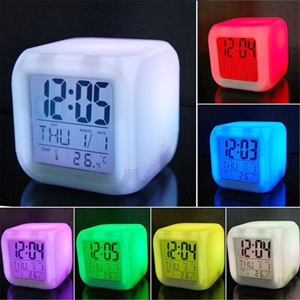 Colorful Night Light Alarm Clock with Temperature Display 7 Color Changing LED