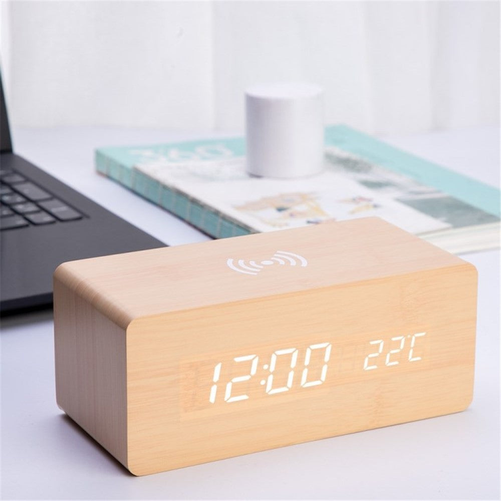 Wooden Alarm Clock with Sound Control Qi Wireless Charging Function Compatible with iPhone Samsung