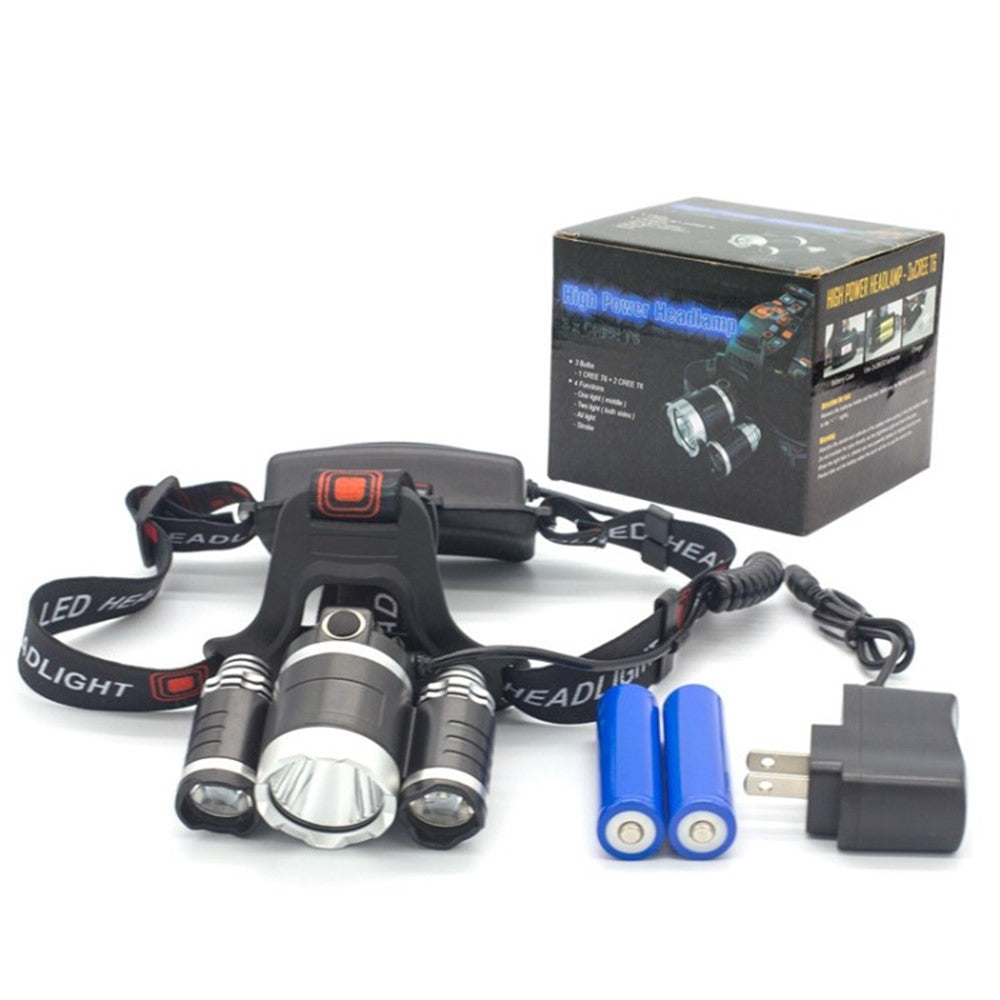T6 3-LED Fixed Focus Headlamp US Plug Rechargeable Waterproof Flashlight for Night Fishing