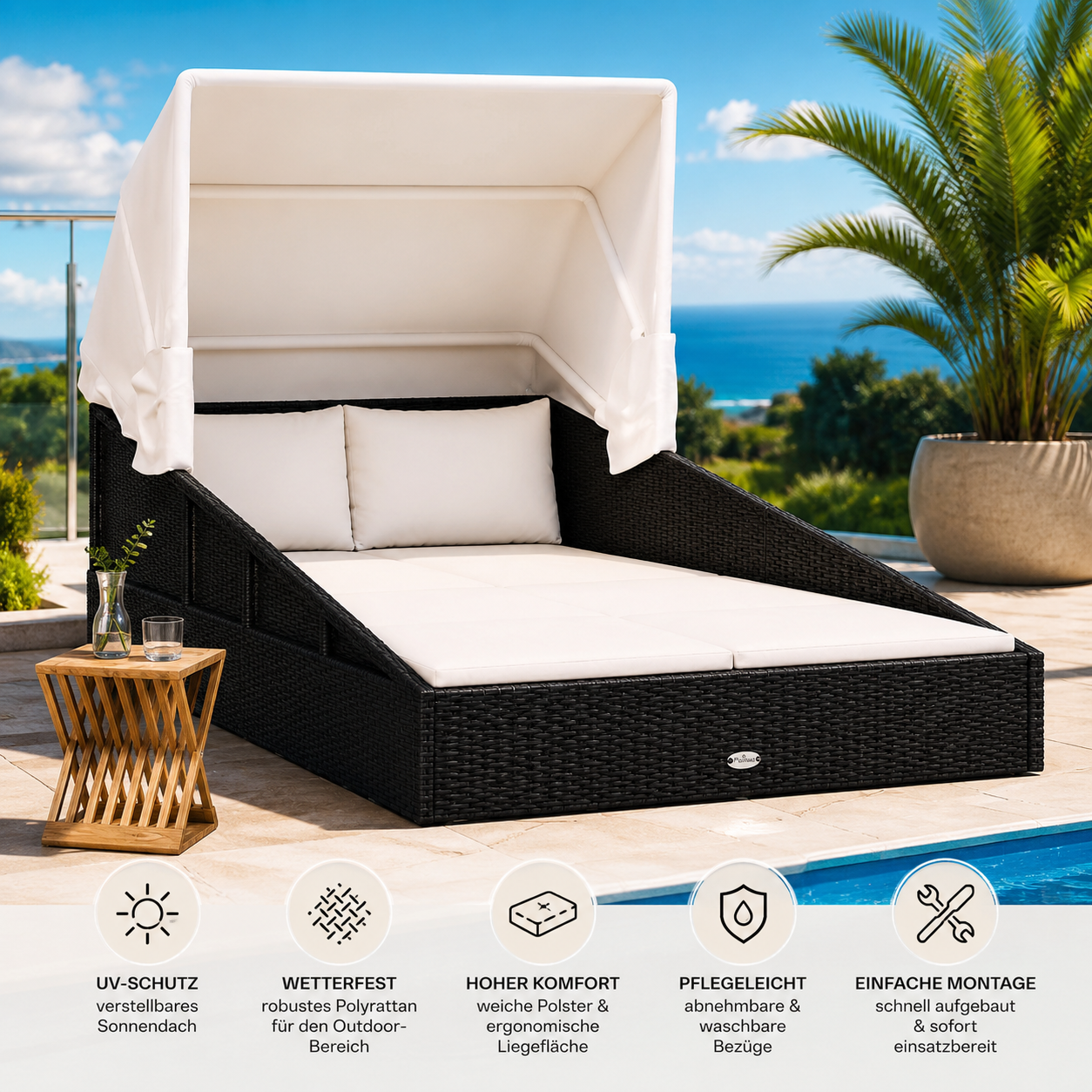 Luxus Sonnenliege aus Polyrattan mit klappbarem Sonnendach – 200 cm Komfortliege für Garten & Terrasse