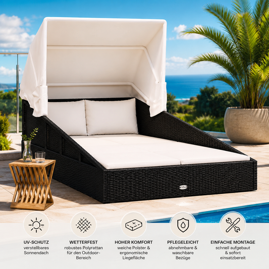 Luxus Sonnenliege aus Polyrattan mit klappbarem Sonnendach – 200 cm Komfortliege für Garten & Terrasse
