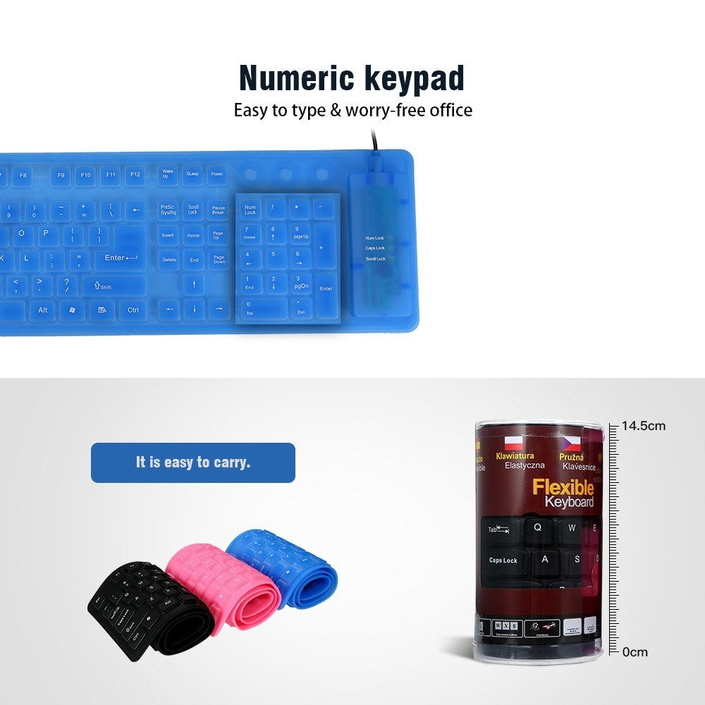 108 Keys USB Silicone Foldable Keyboard  Waterproof Dustproof USB Silent Keys