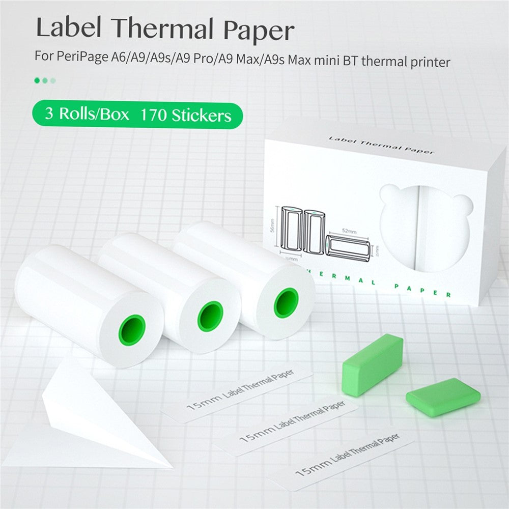 PERIPAGE 3Pcs/Set 15mm Waterproof Oil-proof Label Thermal Paper Self-Adhesive Sticker Printable Paper Roll Label Paper Clear Printing for PeriPage A6/A9/A9s/A9 Pro/A9 Max/A9s Max