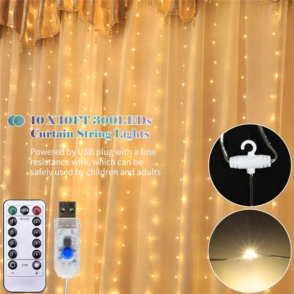 10 X 10FT 300 LEDs Curtain String Lights 8 Modes Adjustable Fairy Lights Christmas Decorative Hanging Lights Copper Wire Waterfall Lights with Remote Control
