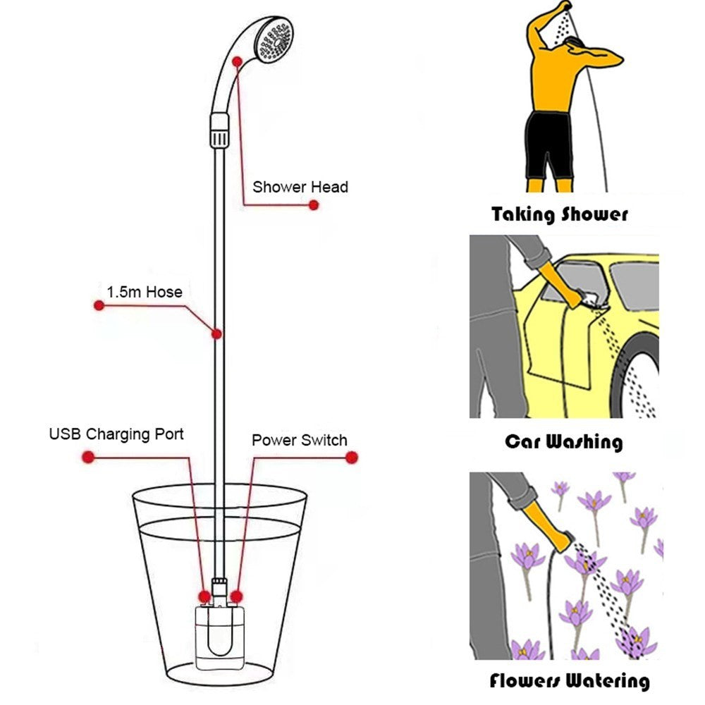 Portable Camping Pet Cleaning Beach Washing Shower 4.9ft Hose Outdoor Shower Device with Rechargeable Pump